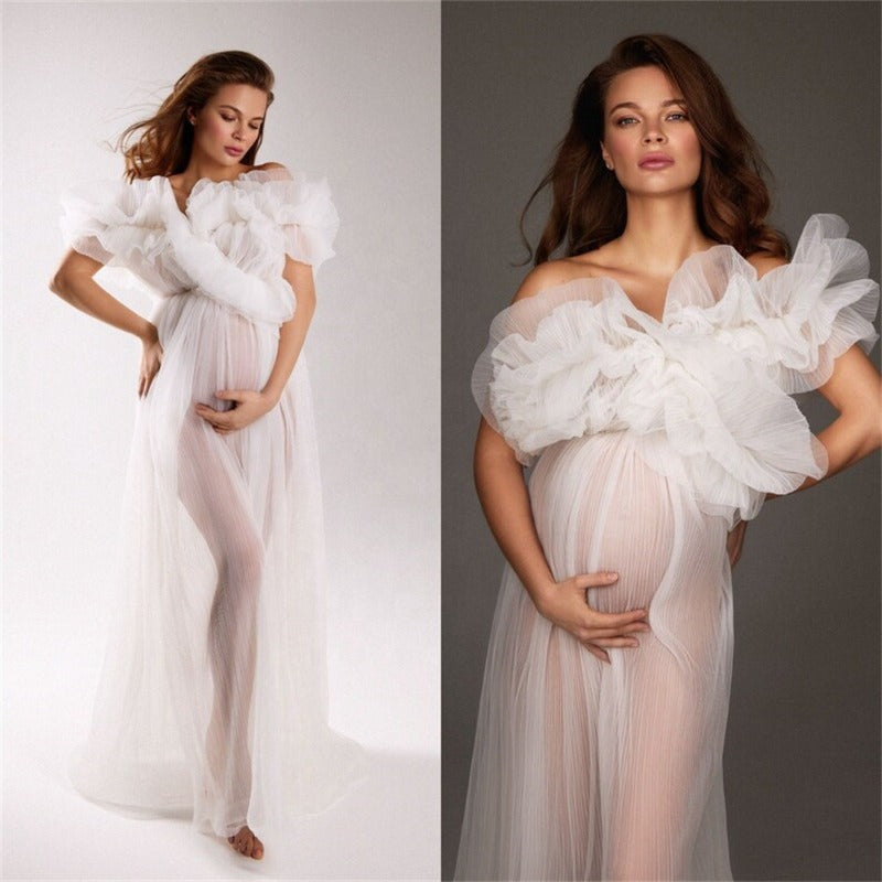 One-shoulder wrinkle perspective tulle pregnant women off-the-shoulder short-sleeved pregnant women photo evening dress