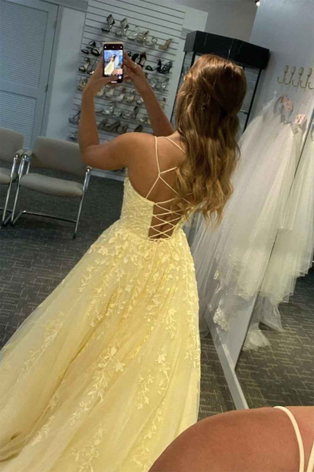 Princess Yellow Spaghetti Straps Prom Dress For Weddings And Evening Parties