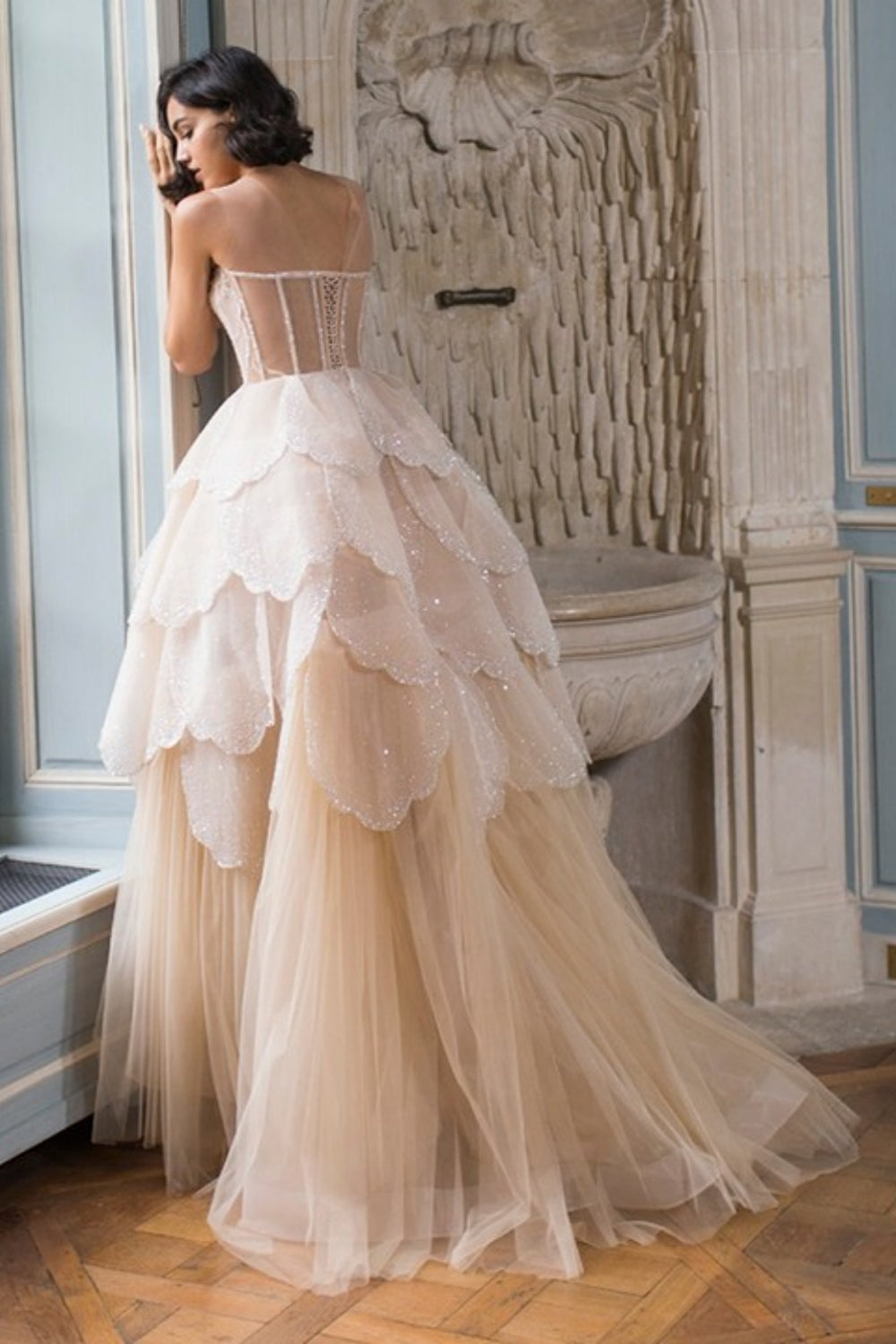 Bmbridal A Line Hi Lo Strapless Tulle Prom Dress With Lace Beading