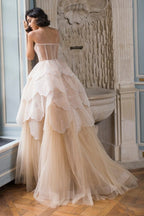 Bmbridal A Line Hi Lo Strapless Tulle Prom Dress With Lace Beading