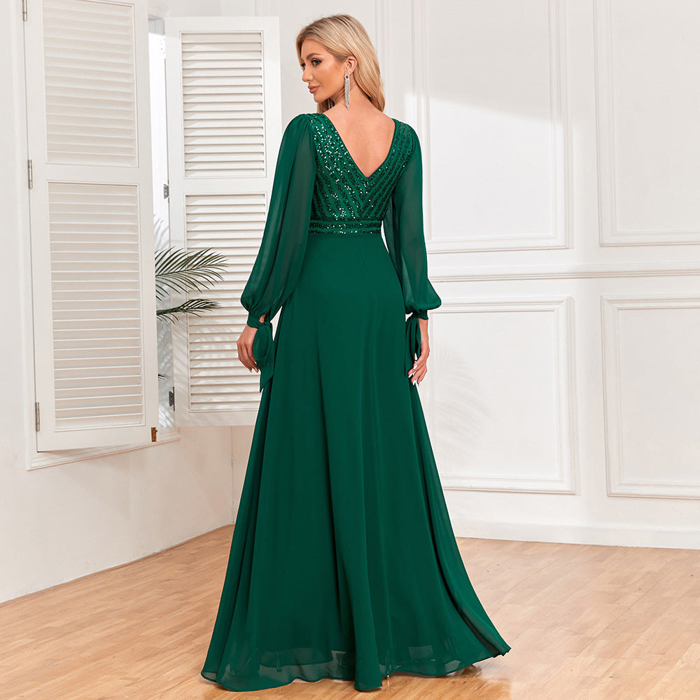 Long Sleeve Lace Up High Quality Double V Neck Sequin Chiffon Patchwork A Line Big Swing Full Lining Party Evening Dress