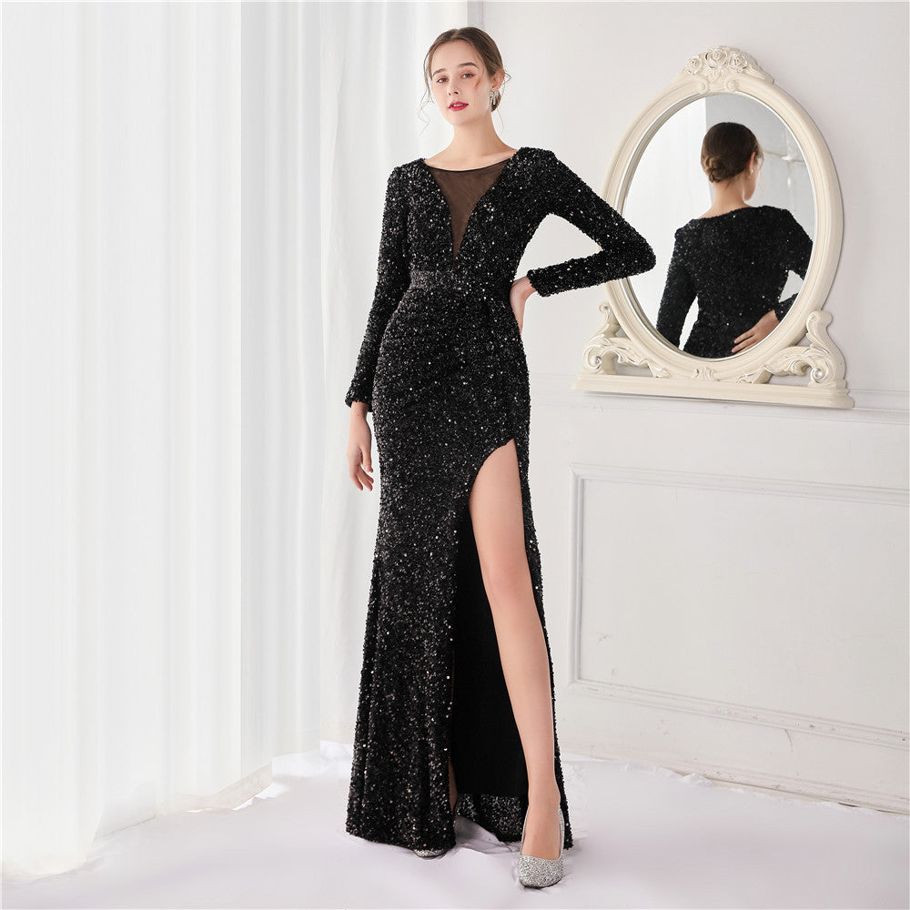 Cocktail Elegant Long Sleeve Sequined Fishtail Evening Dress