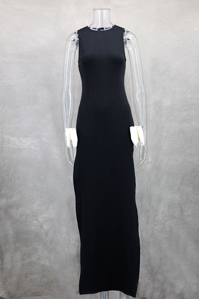 Robes de soirée unies et sexy avec fente et décor de nœud à encolure ronde