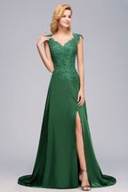Cap Sleeve aline appliques Bridesmaid Dress Green Side Split Wedding Party Dress with Sweep Train