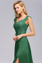 Cap Sleeve aline appliques Bridesmaid Dress Green Side Split Wedding Party Dress with Sweep Train