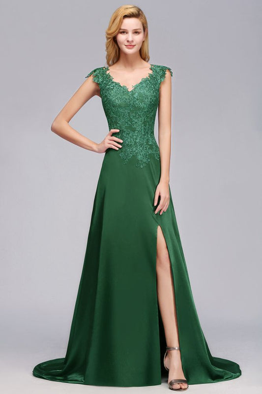 Brautjungfernkleid mit Flügelärmeln und A-Linien-Applikationen, grünes, seitlich geschlitztes Hochzeitspartykleid mit Schleppe