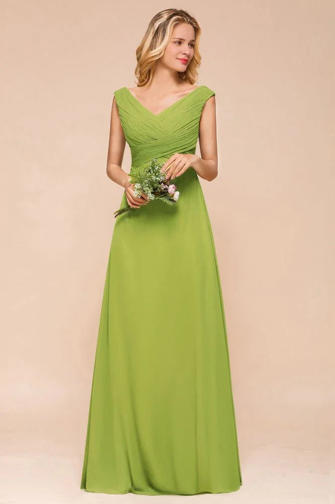 Abito da damigella d'onore verde lungo semplice con maniche corte a cappuccio e linea ad A