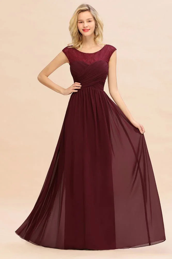 Abito lungo da sera bordeaux in chiffon con maniche a cappuccio, fino a terra, da damigella d'onore