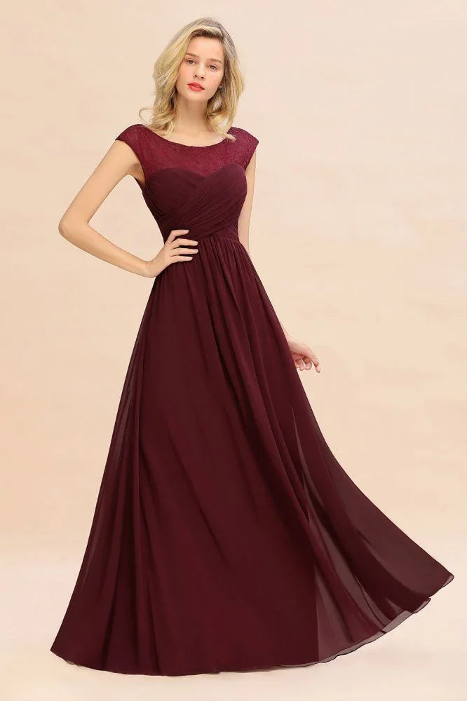 Abito lungo da sera bordeaux in chiffon con maniche a cappuccio, fino a terra, da damigella d'onore
