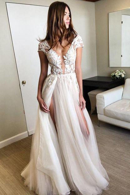 Vestido de fiesta con escote en V profundo y mangas cortas con apliques, vestido de novia sexy con abertura