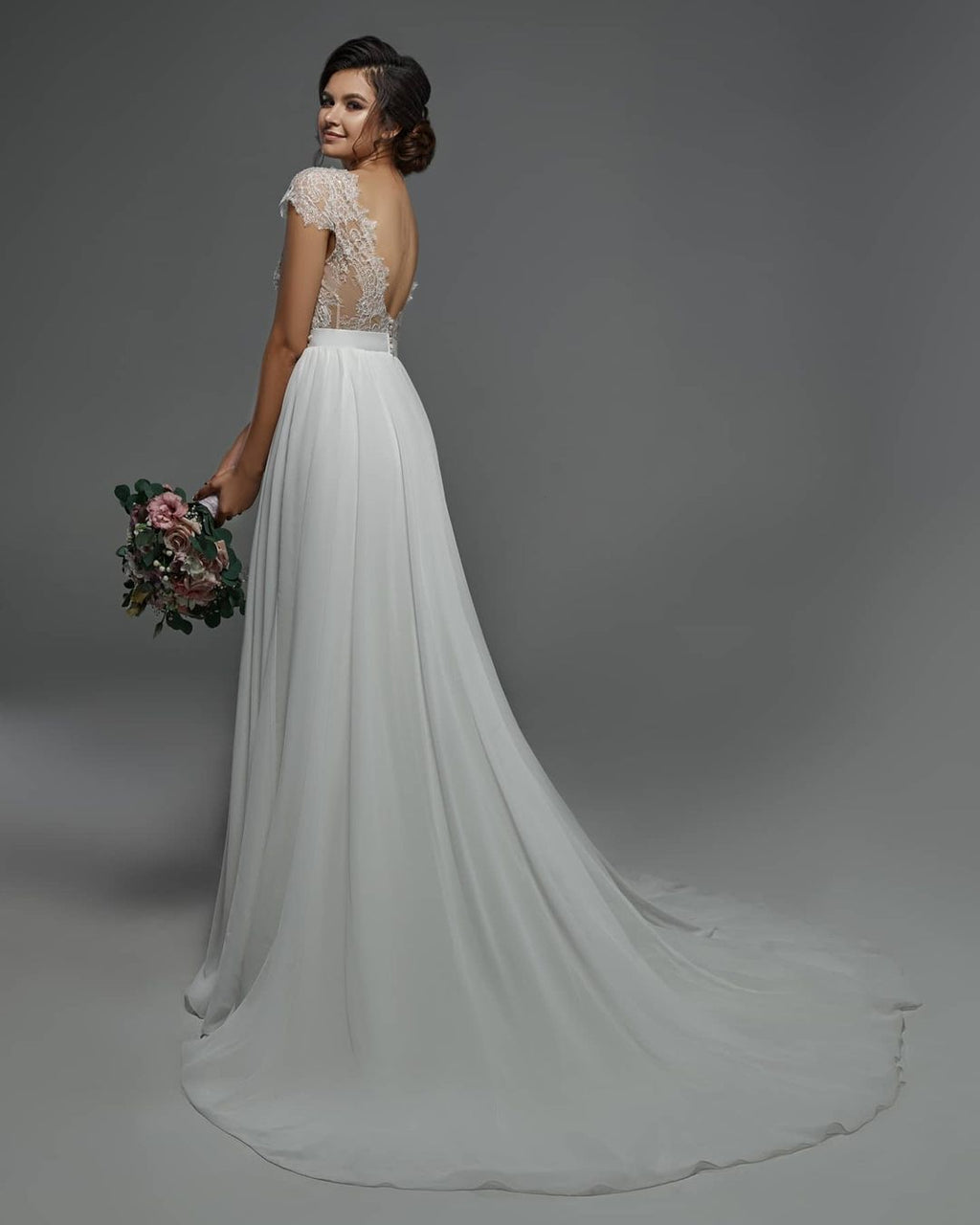 Cap Sleeveless Lace Chiffon Wedding Dress Boho Bridal Gown