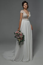 Cap Sleeveless Lace Chiffon Wedding Dress Boho Bridal Gown
