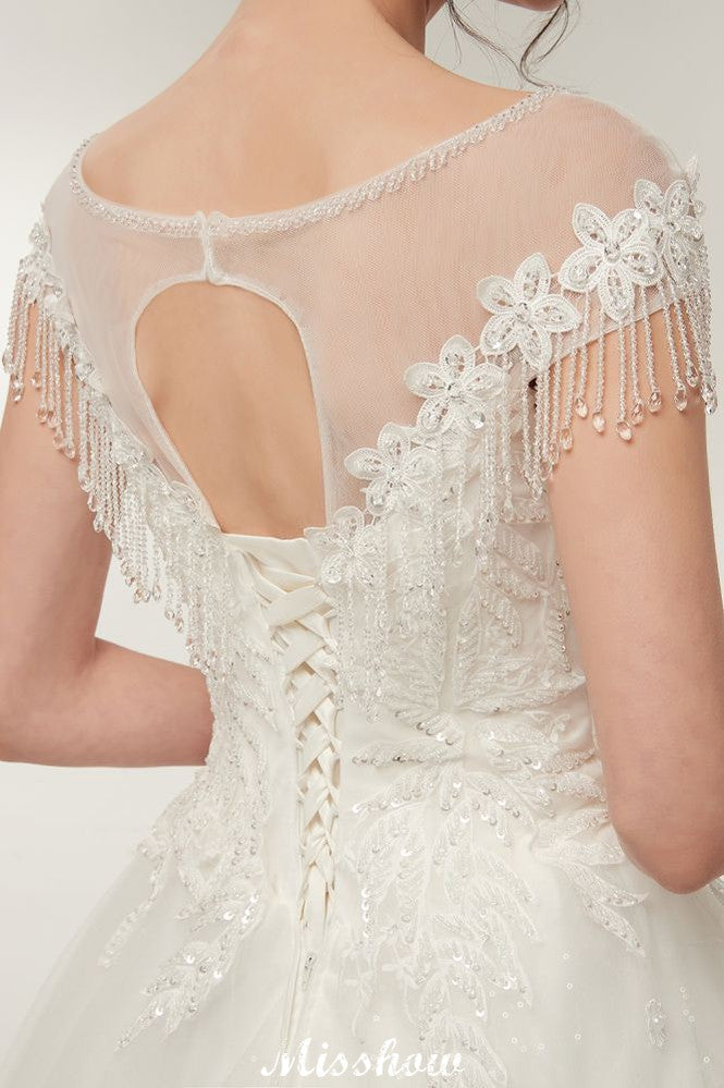 Robes de mariée à manches courtes, ligne en A, encolure dégagée, longueur au sol, avec appliques en dentelle