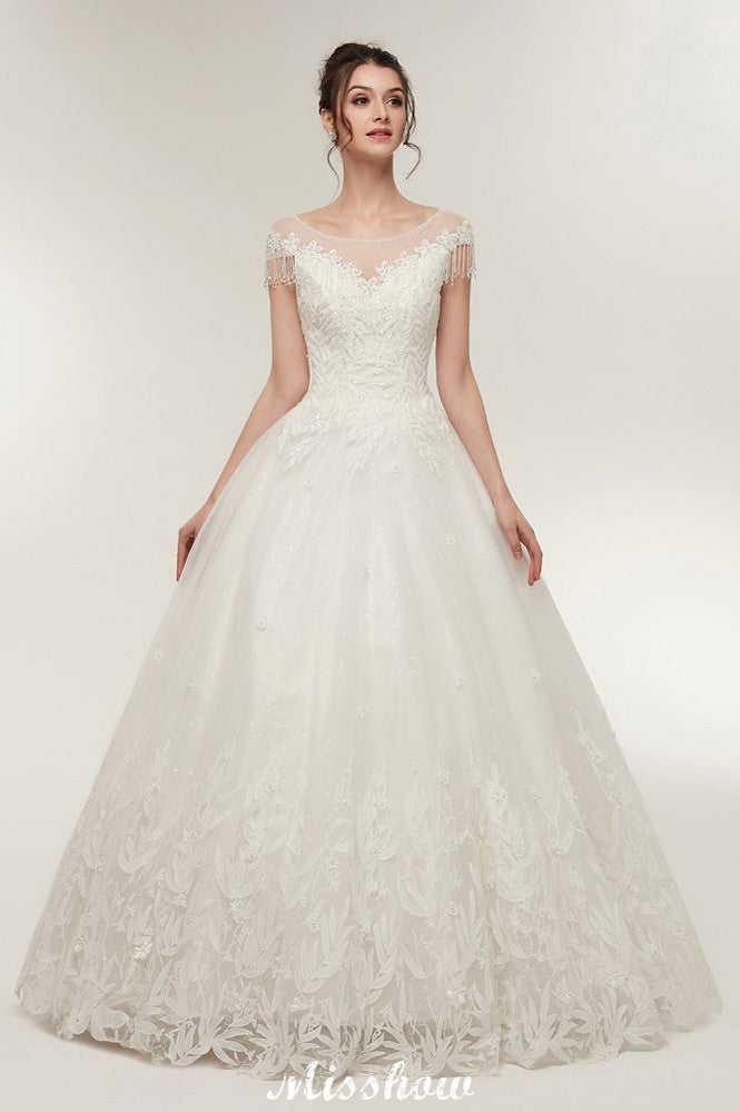 Robes de mariée à manches courtes, ligne en A, encolure dégagée, longueur au sol, avec appliques en dentelle