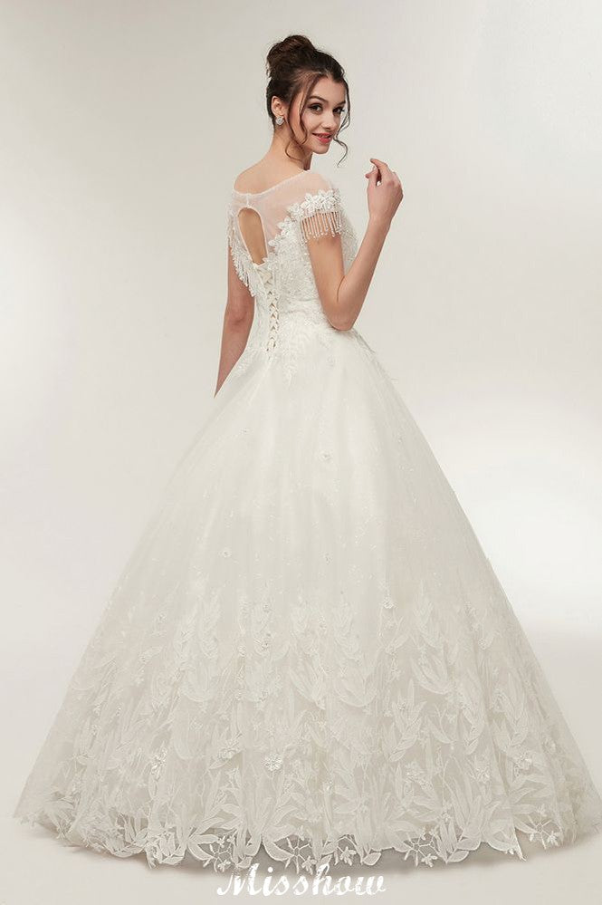 Robes de mariée à manches courtes, ligne en A, encolure dégagée, longueur au sol, avec appliques en dentelle