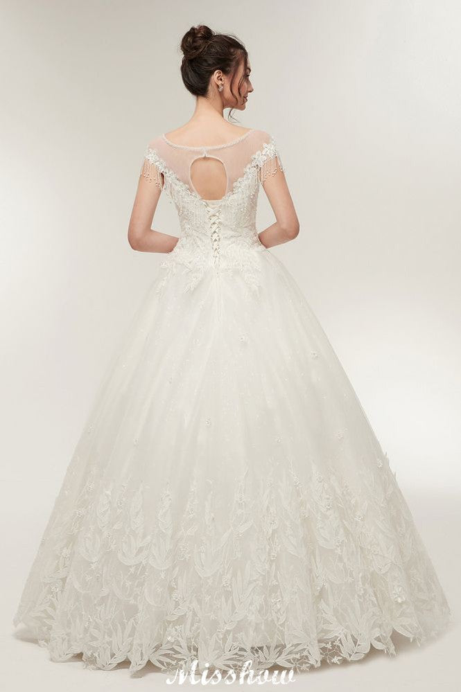 Robes de mariée à manches courtes, ligne en A, encolure dégagée, longueur au sol, avec appliques en dentelle