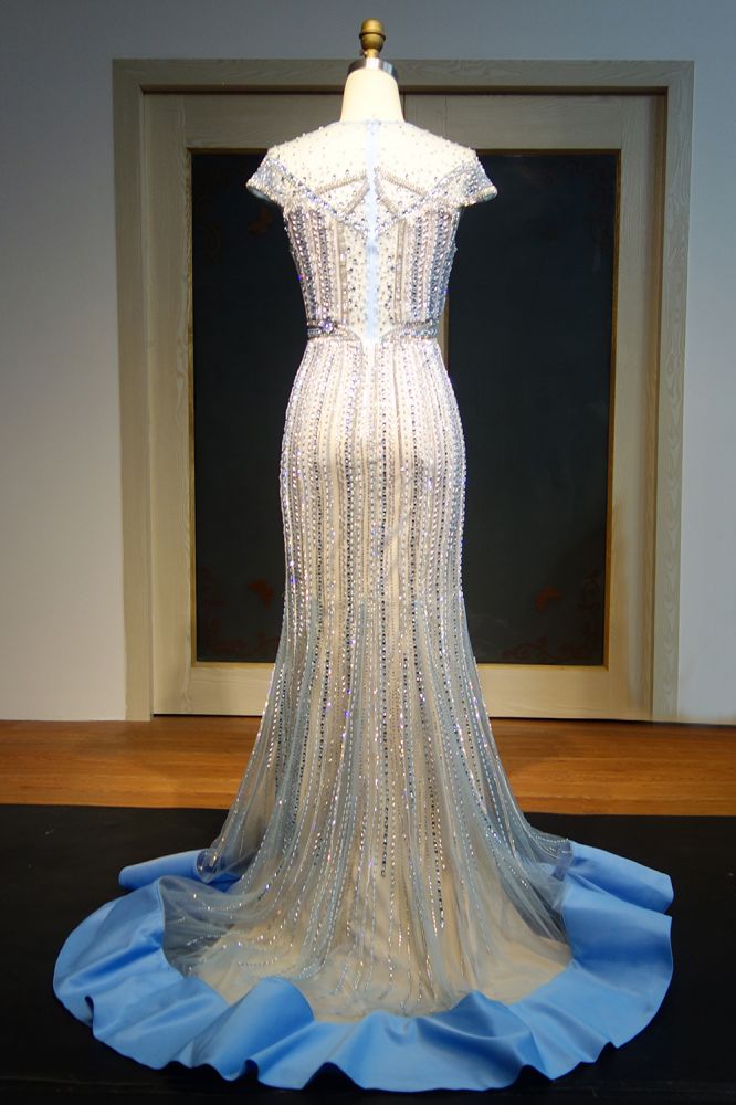 Cap Sleeves Floor Length Mermaid Beading Prom Dresses with Crystals