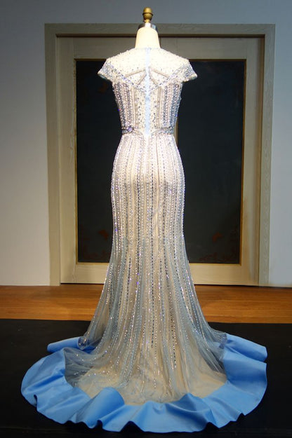 Cap Sleeves Floor Length Mermaid Beading Prom Dresses with Crystals