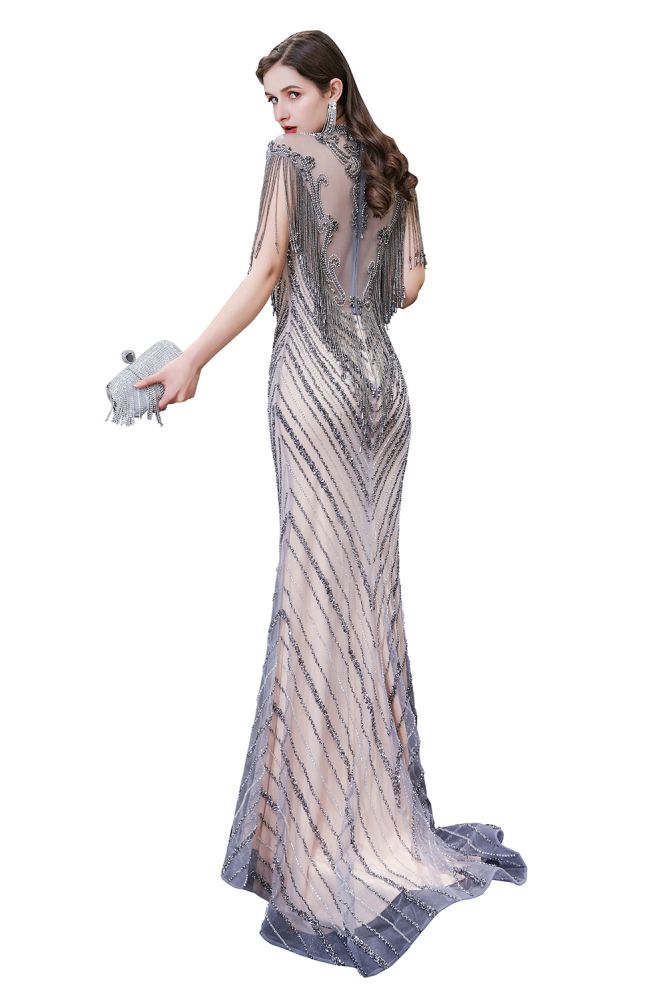 Cap Sleeves High Neck Sparkly Beads Floor-Length Mermaid Evening Party Gown