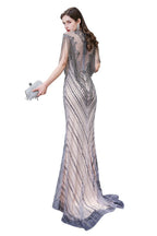 Cap Sleeves High Neck Sparkly Beads Floor-Length Mermaid Evening Party Gown