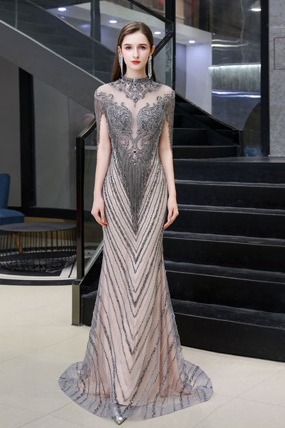 Cap Sleeves High Neck Sparkly Beads Floor-Length Mermaid Evening Party Gown