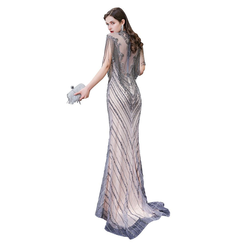 Cap Sleeves High Neck Sparkly Beads Floor-Length Mermaid Evening Party Gown