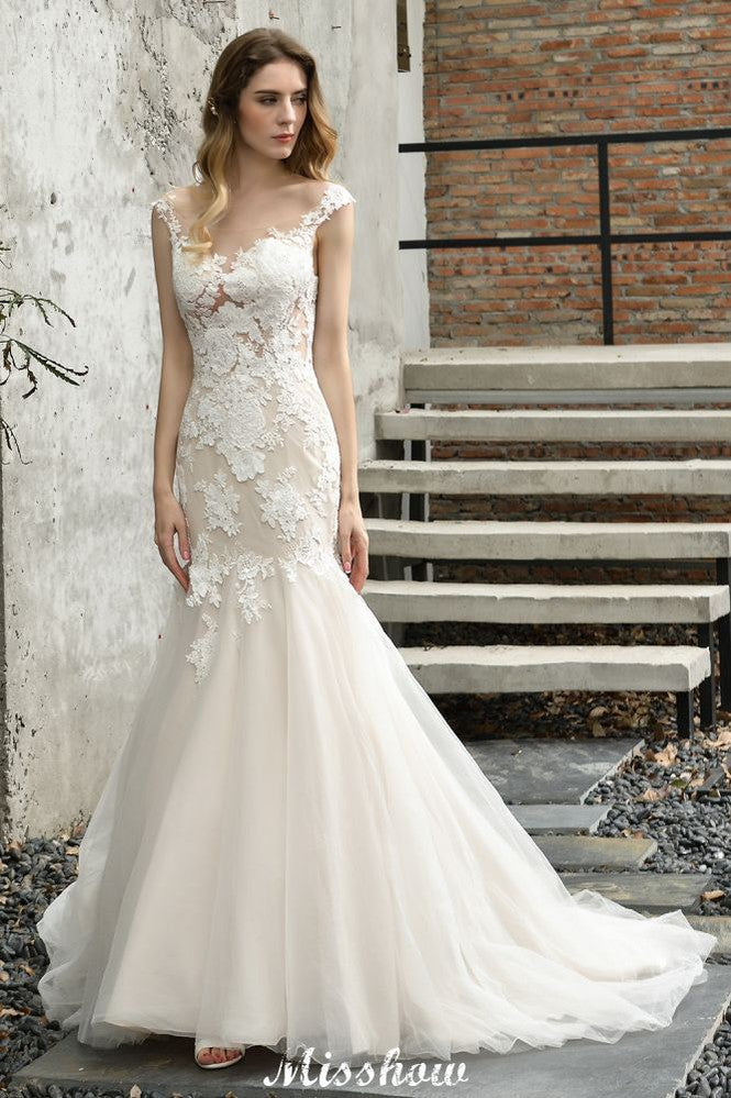 Vestido de novia de sirena con mangas cortas y encaje, blanco/marfil, con flores para jardín