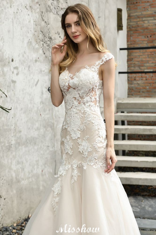 Vestido de novia de sirena con mangas cortas y encaje, blanco/marfil, con flores para jardín