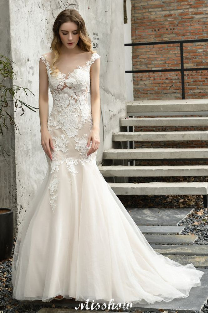 Vestido de novia de sirena con mangas cortas y encaje, blanco/marfil, con flores para jardín