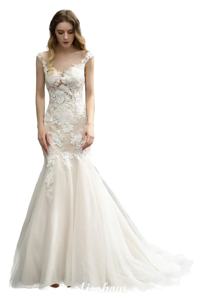 Vestido de novia de sirena con mangas cortas y encaje, blanco/marfil, con flores para jardín