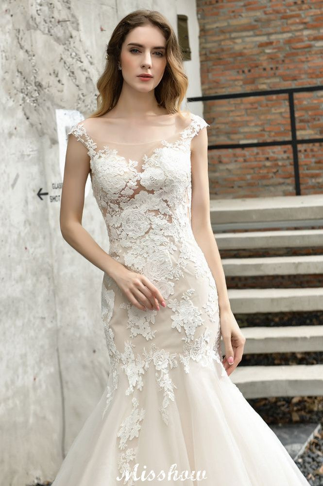 Vestido de novia de sirena con mangas cortas y encaje, blanco/marfil, con flores para jardín