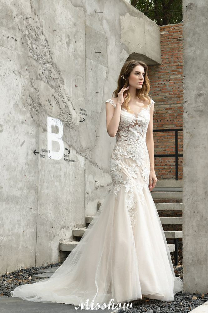 Vestido de novia de sirena con mangas cortas y encaje, blanco/marfil, con flores para jardín