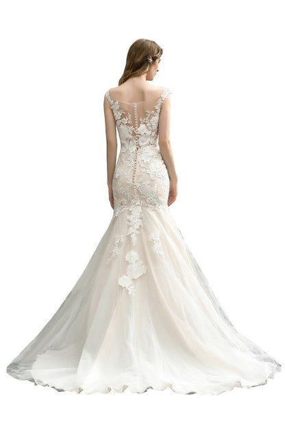 Cap Sleeves Lace Mermaid Wedding Dress White/Ivory Floral Garden Bridal Gown