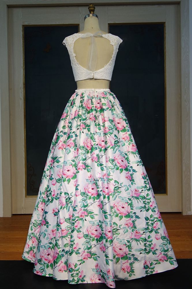 Cap Sleeves Lace Top A-line Two-piece Printed Flowers Prom Dresses