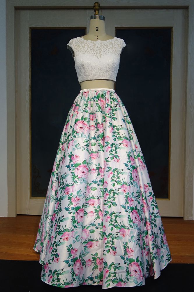 Cap Sleeves Lace Top A-line Two-piece Printed Flowers Prom Dresses