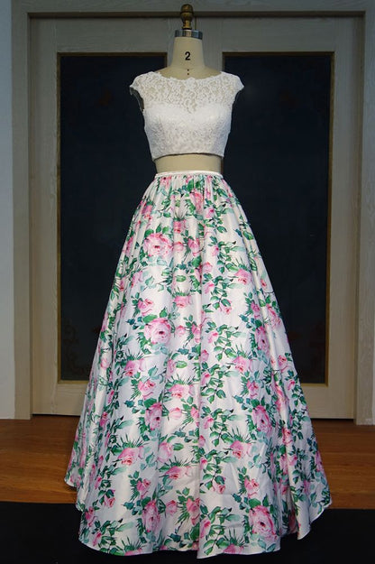 Cap Sleeves Lace Top A-line Two-piece Printed Flowers Prom Dresses