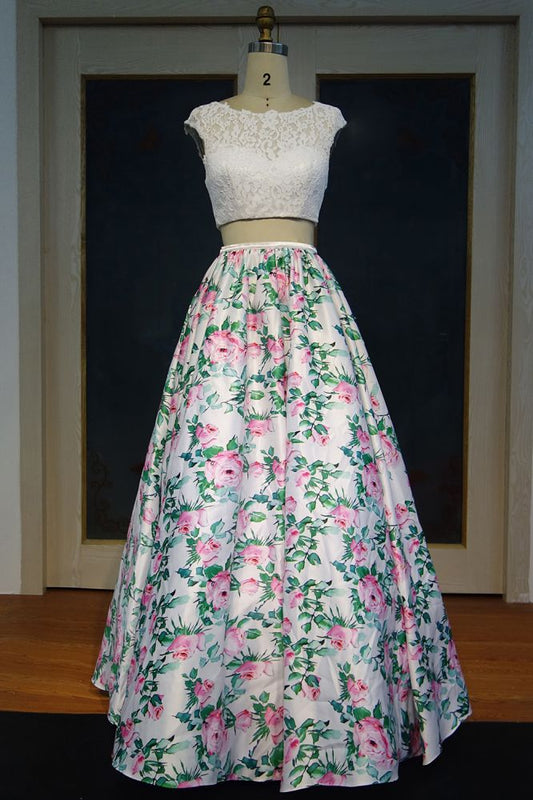 Cap Sleeves Lace Top A-line Two-piece Printed Flowers Prom Dresses