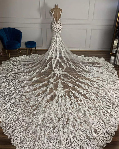Luxury Mermaid Jewel Neck Tulle Long Beading Wedding Dress with Appliques Lace