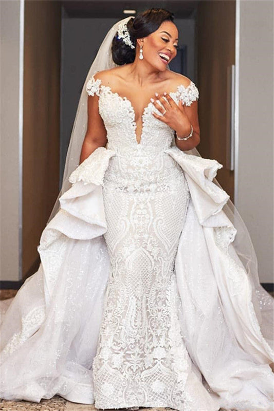 Cap Sleeves Mermaid Long Wedding Dress with Ruffles Overskirt