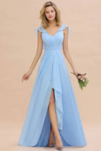 Abito da damigella con maniche a cappuccio, volant in chiffon, orlo asimmetrico, linea a trapezio, abito da festa nuziale