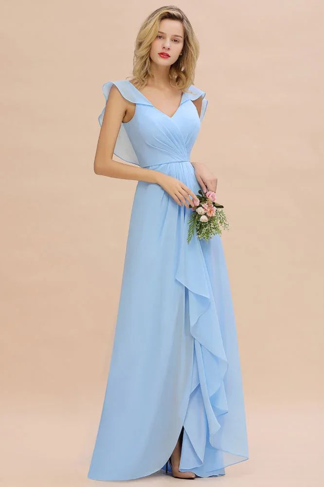 Abito da damigella con maniche a cappuccio, volant in chiffon, orlo asimmetrico, linea a trapezio, abito da festa nuziale