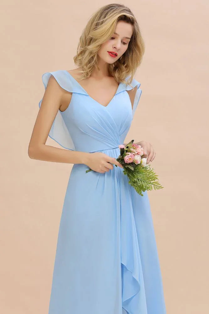 Abito da damigella con maniche a cappuccio, volant in chiffon, orlo asimmetrico, linea a trapezio, abito da festa nuziale