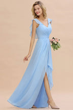 Abito da damigella con maniche a cappuccio, volant in chiffon, orlo asimmetrico, linea a trapezio, abito da festa nuziale