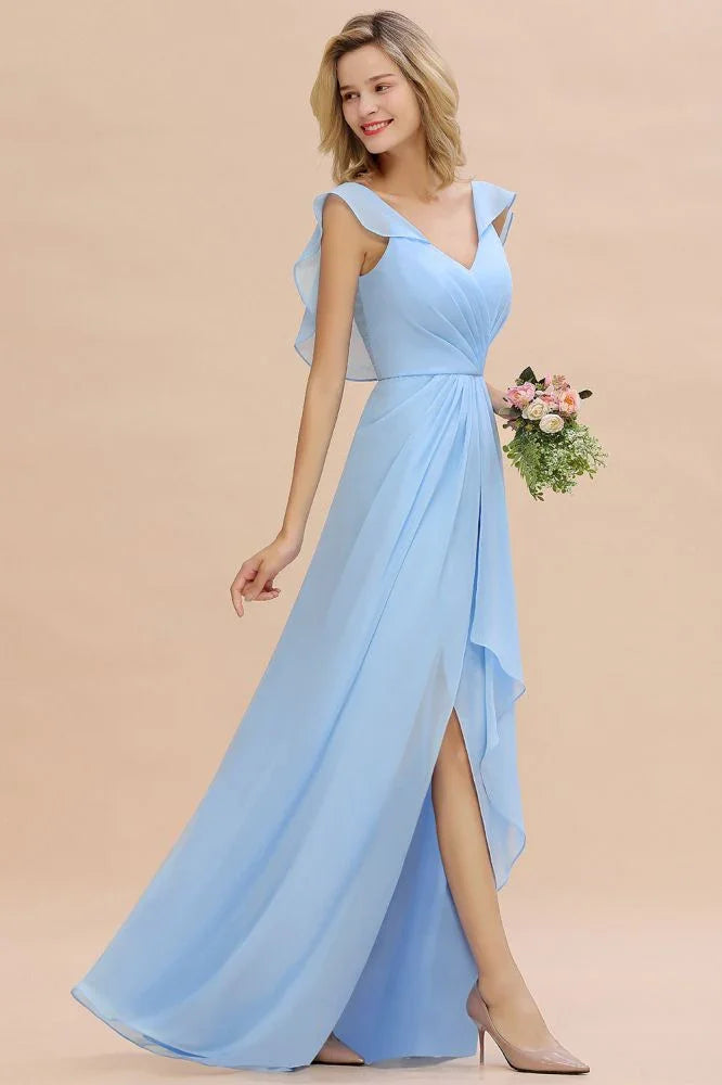 Abito da damigella con maniche a cappuccio, volant in chiffon, orlo asimmetrico, linea a trapezio, abito da festa nuziale