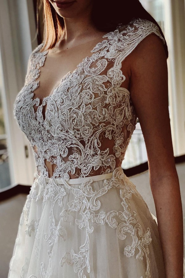 Cap Sleeves Tulle Wedding Dress Open Back With Appliques A Line Silhouette