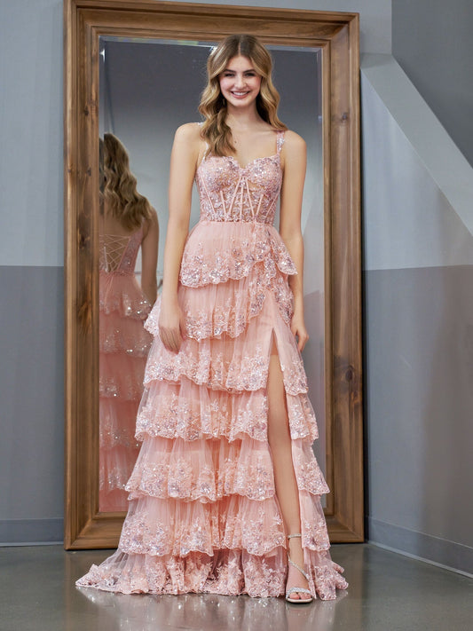 Vestido de fiesta estilo princesa con hombros descubiertos, corsé y volantes de encaje