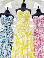 Cassian | Abiti lunghi da cerimonia in chiffon stampato con spacco, modello Sirena Cuore Dolce