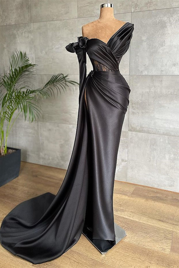Black One Shoulder Lace Prom Dress Long Sleeve Pleated Side Split Custom