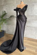 Black One Shoulder Lace Prom Dress Long Sleeve Pleated Side Split Custom