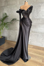 Black One Shoulder Lace Prom Dress Long Sleeve Pleated Side Split Custom